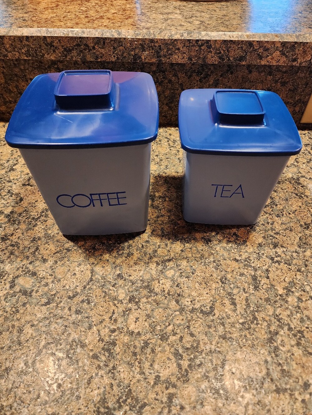 Vintage 1970's Plastic Blue Coffee & Tea Canister Set -